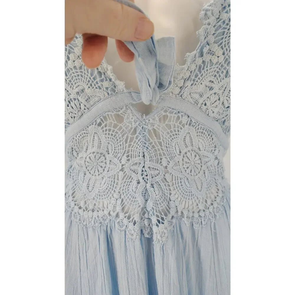Free People All You Need Is Lace Midi Dress Blue Lace Cottagecore Size Small